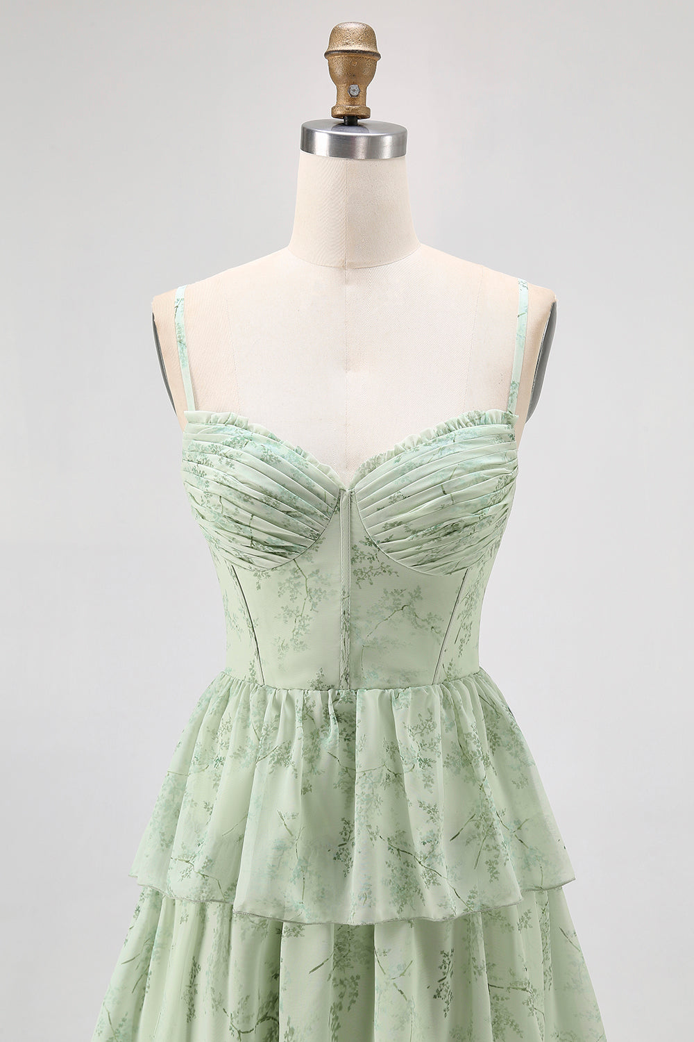 Dusty Sage A Line Corset Tiered Chiffon Long Bridesmaid Dress with Slit