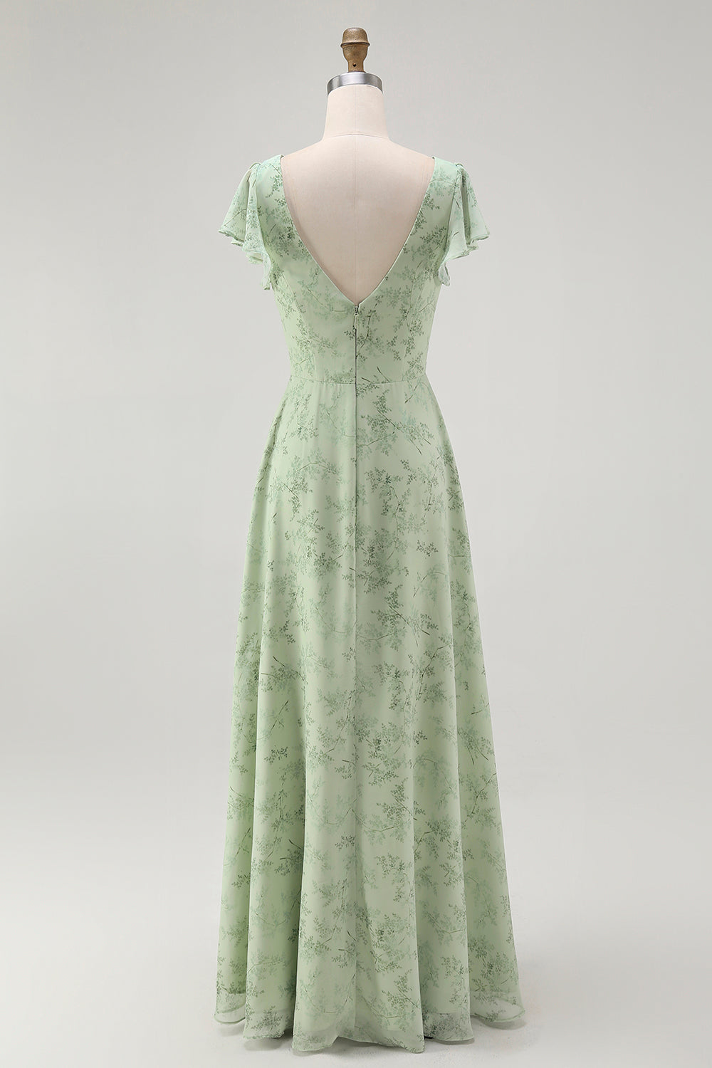 Blue Floral A Line V Neck Chiffon Long Bridesmaid Dress with Slit