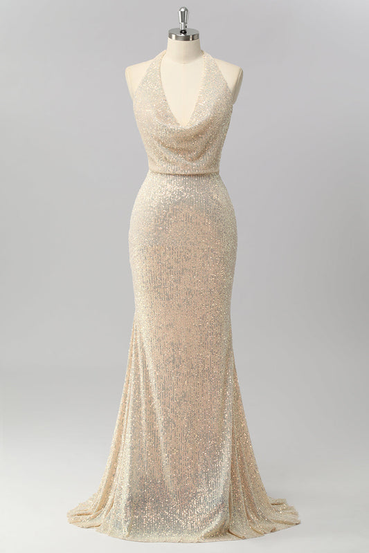 Apricot Mermaid Halter Sequins Open Back Long Prom Dress
