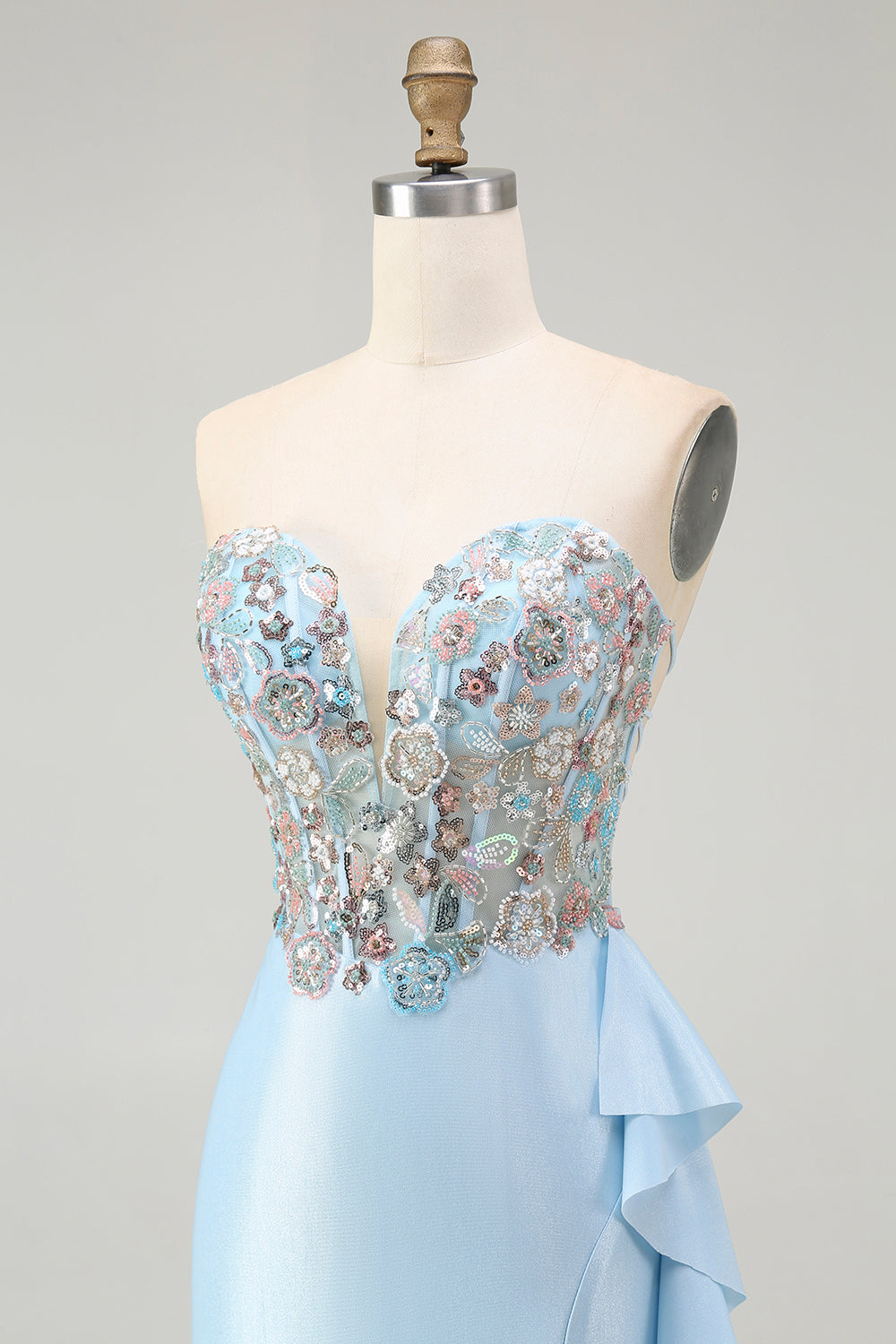 Sparkly Light Blue Strapless Corset Mermaid Beaded Long Prom Dress with Slit