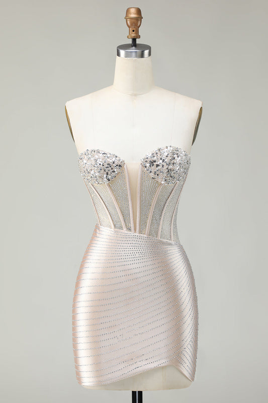 Sparkly Golden Strapless Sequins Bodycon Corset Homecoming Dress With Beading