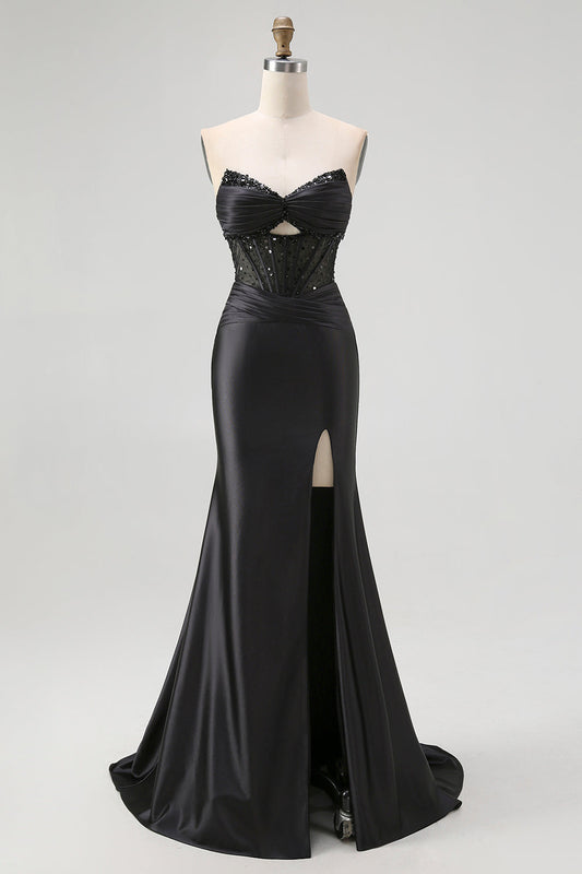 Strapless Sequin Black Corset Mermaid Prom Dress