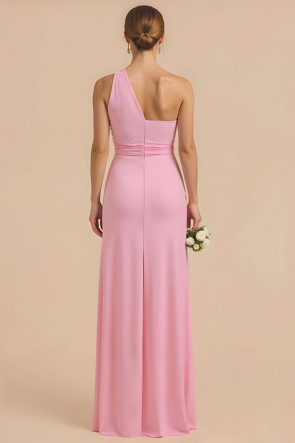 Candy Pink Sheath One Shoulder Long Bridesmaid Dress