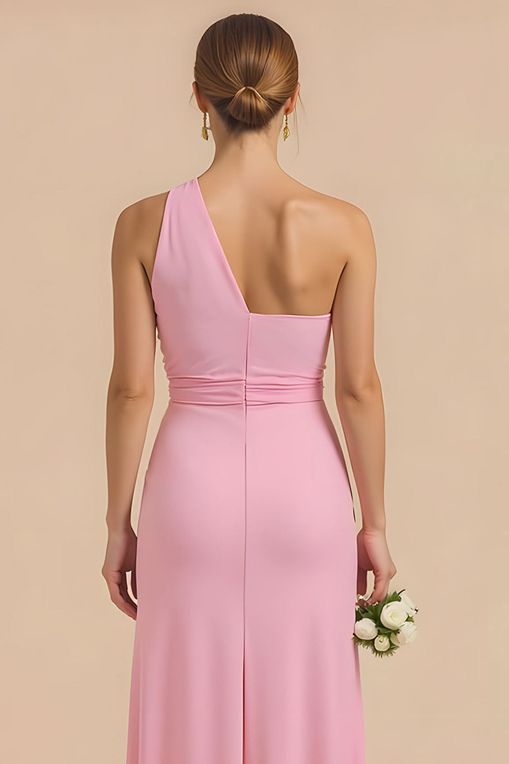 Candy Pink Sheath One Shoulder Long Bridesmaid Dress