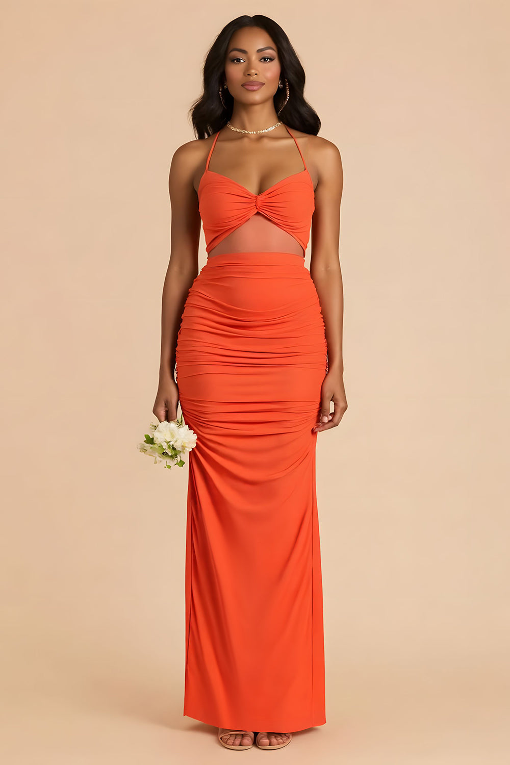 Orange Sheath Ruched Spaghetti Straps Cut Out Maxi Bridesmaid Dress