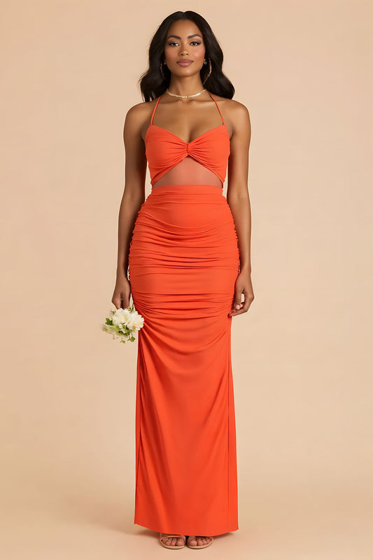 Orange Sheath Ruched Spaghetti Straps Cut Out Maxi Bridesmaid Dress