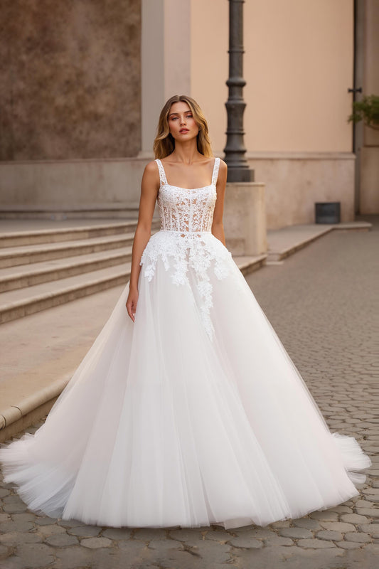 Ivory A Line Square Neck Corset Tulle Court Train Wedding Dress With Lace