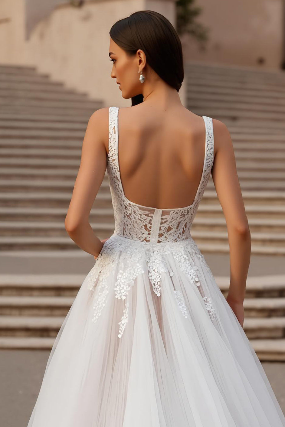 Ivory A Line Square Neck Corset Tulle Court Train Wedding Dress With Lace