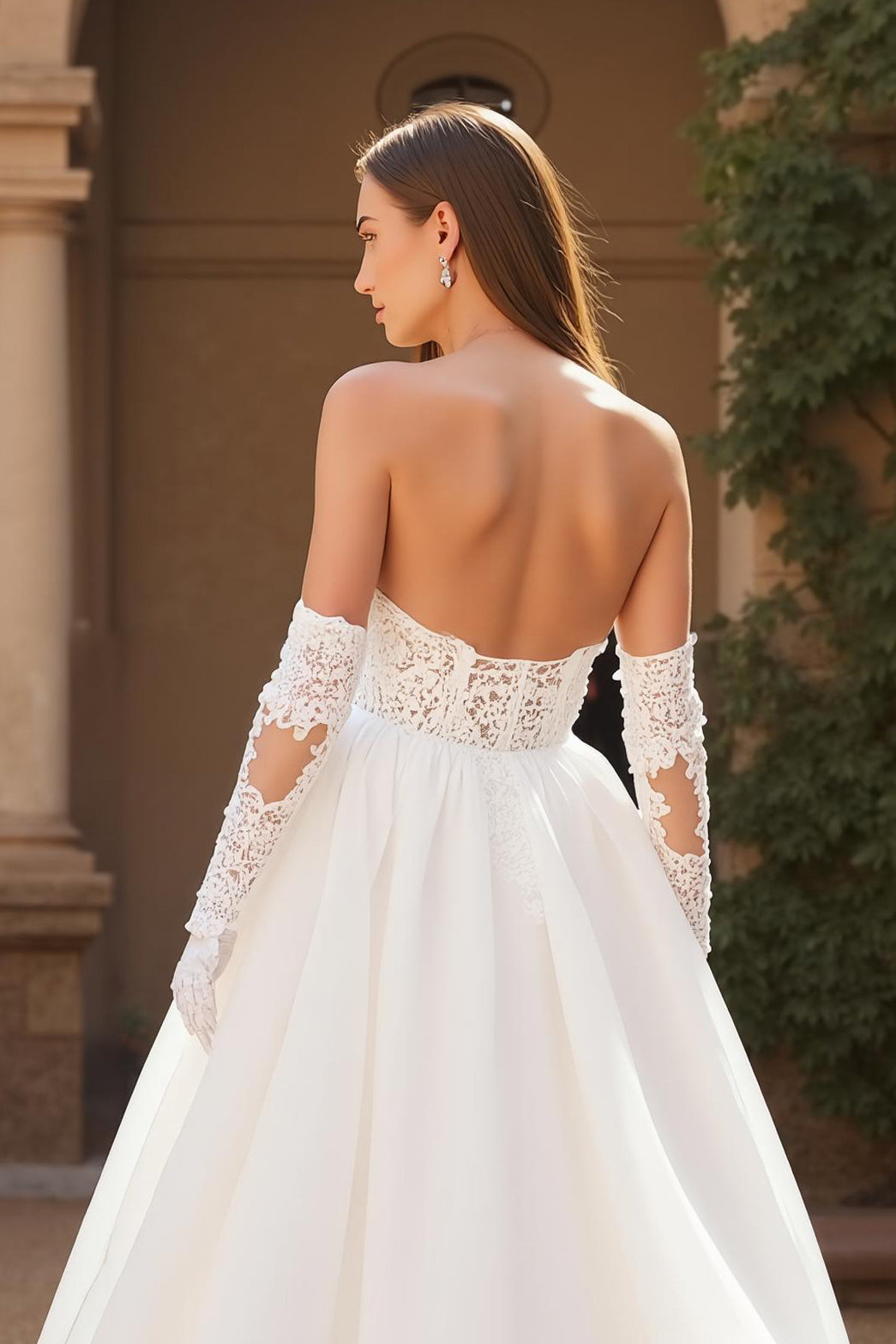A Line Ivory Strapless Corset Sweetheart Tulle Court Train Wedding Dress With Lace