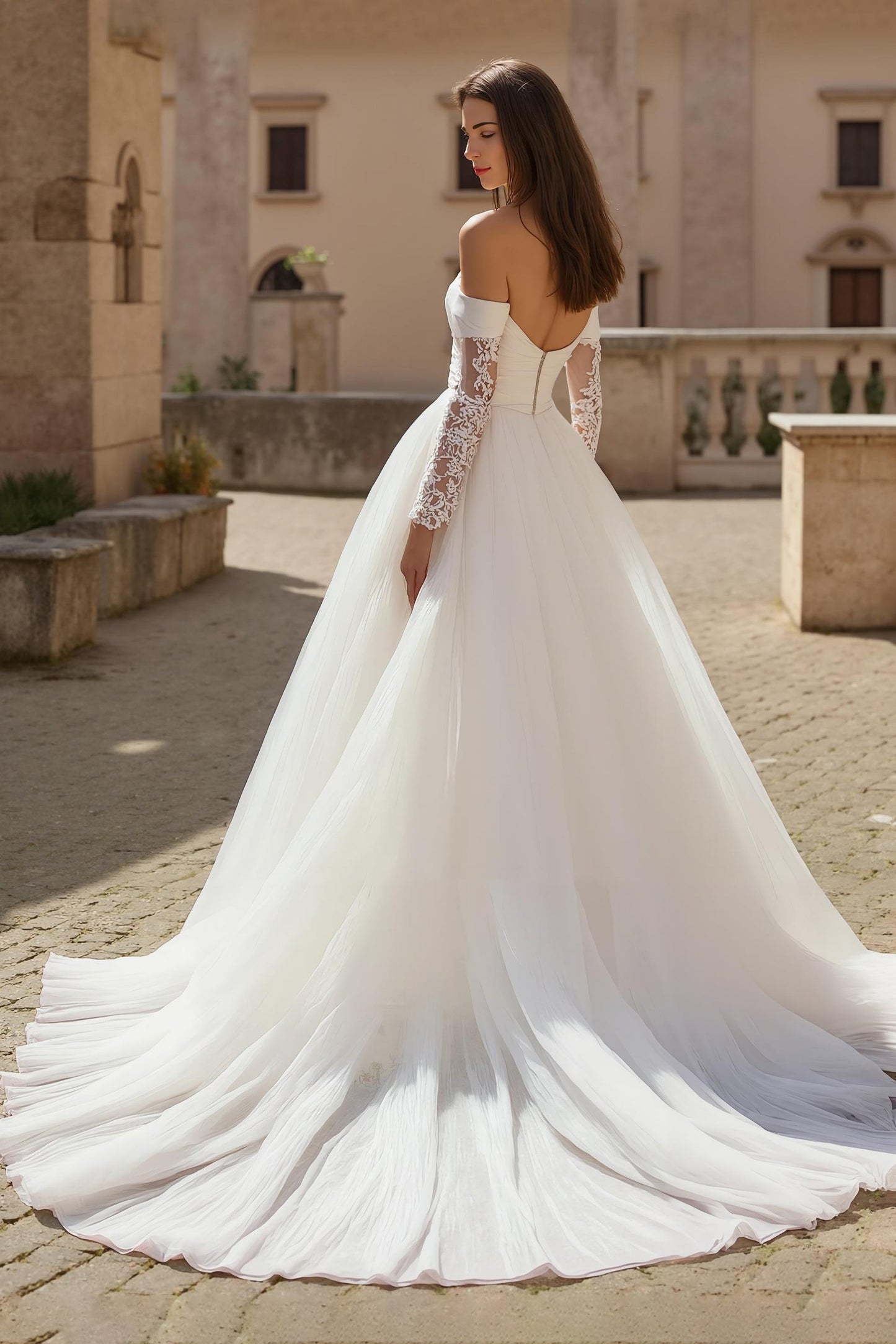 Ivory A Line Off The Shoulder Tulle Court Train Wedding Dress With Lace