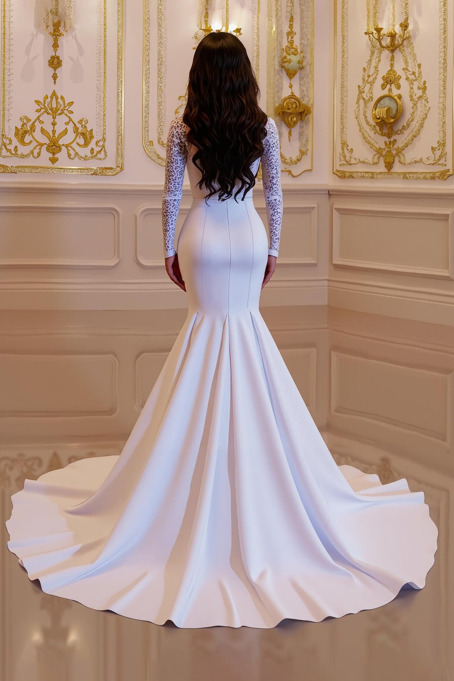 White Satin Mermaid High Neck Ruched Court Train Wedding Dress With Lace