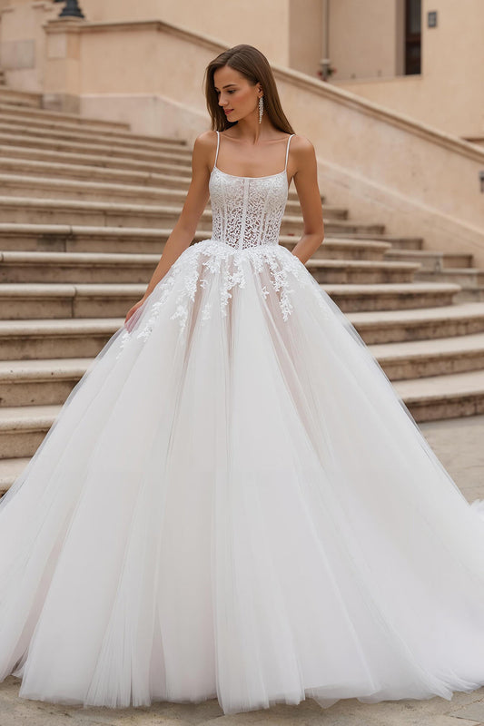 Ivory Tulle Corset A Line Appliqued Wedding Dress