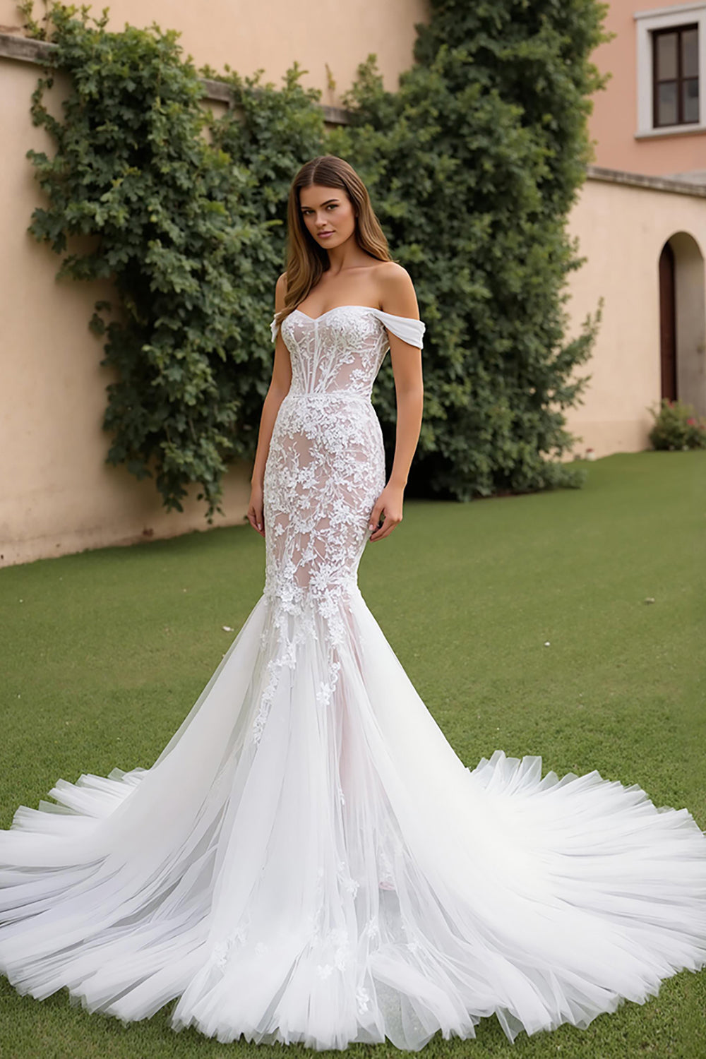 Ivory Lace Tulle Off The Shoulder Corset Mermaid Wedding Dress