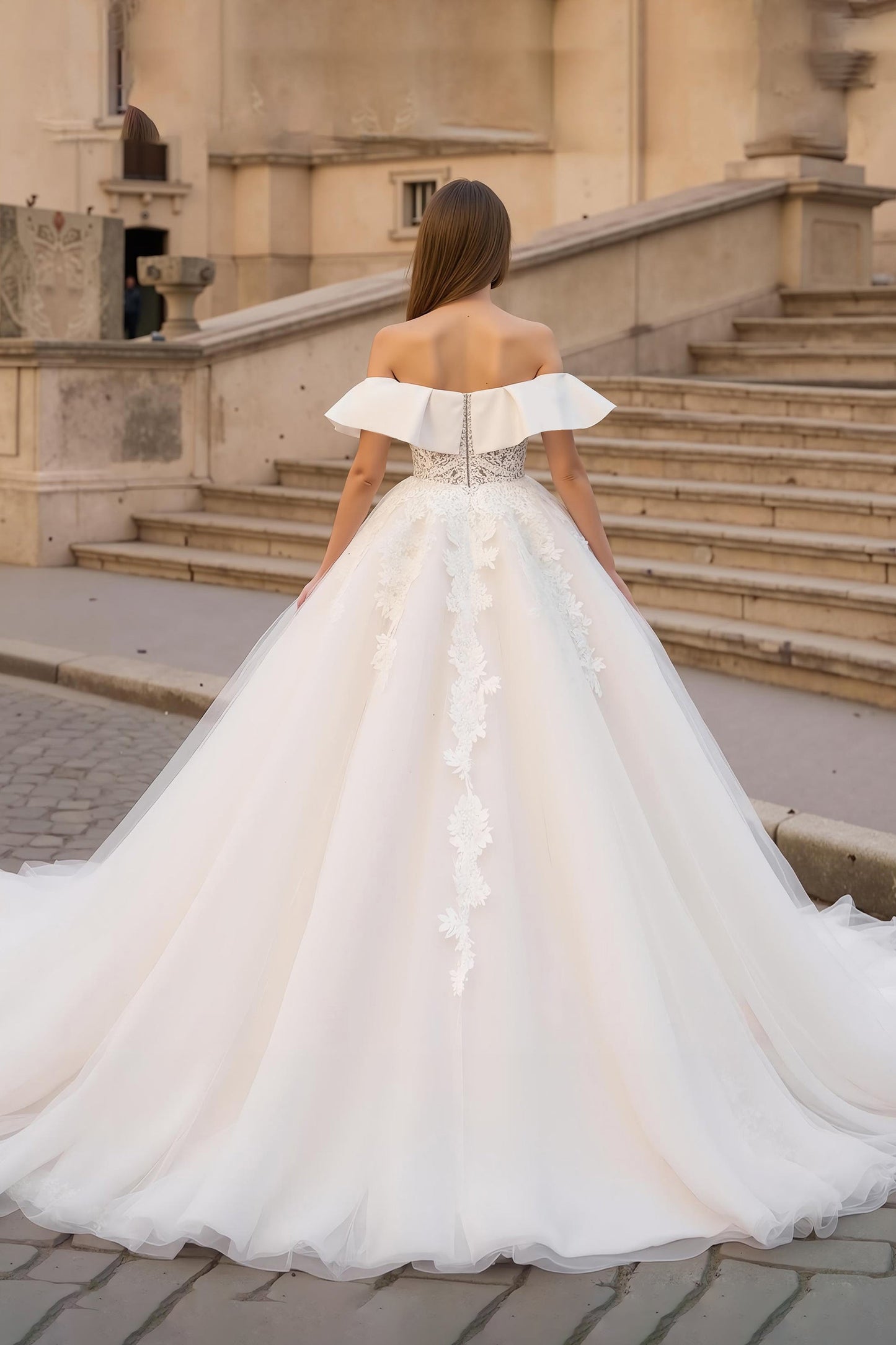 Ivory A Line Corset Tulle Off The Shoulder Wedding Dress