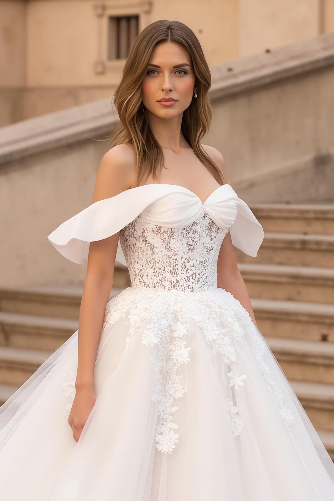 Ivory A Line Corset Tulle Off The Shoulder Wedding Dress