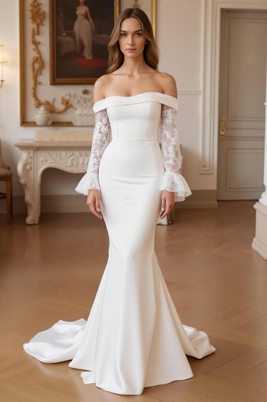 Stretch Satin Ivory Mermaid Off The Shoulder Wedding Dress