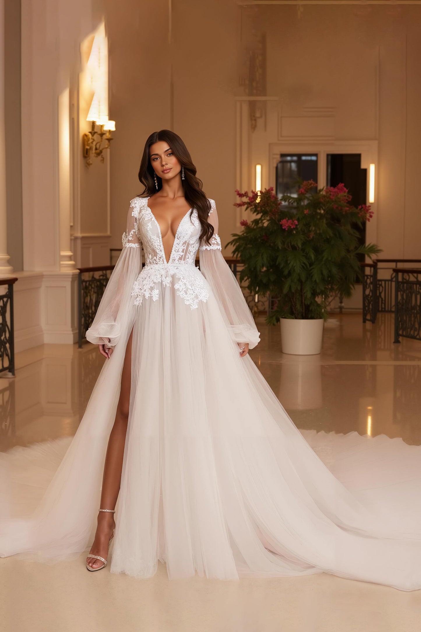 Lace Appliqued V Neck Tulle A Line Wedding Dress