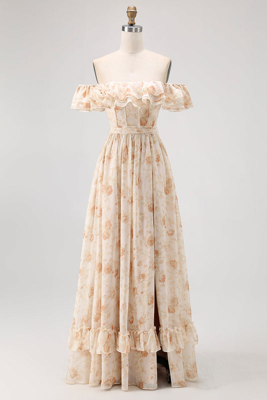 Champagne Flower Off The Shoulder Corset A-Line Bridesmaid Dress With Slit