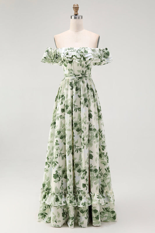 Green Floral A Line Off The Shoulder Ruffled Bridesmaid Dress