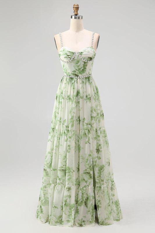 Green Flower A Line Pearl Long Bridesmaid Dress with Lace-up Back