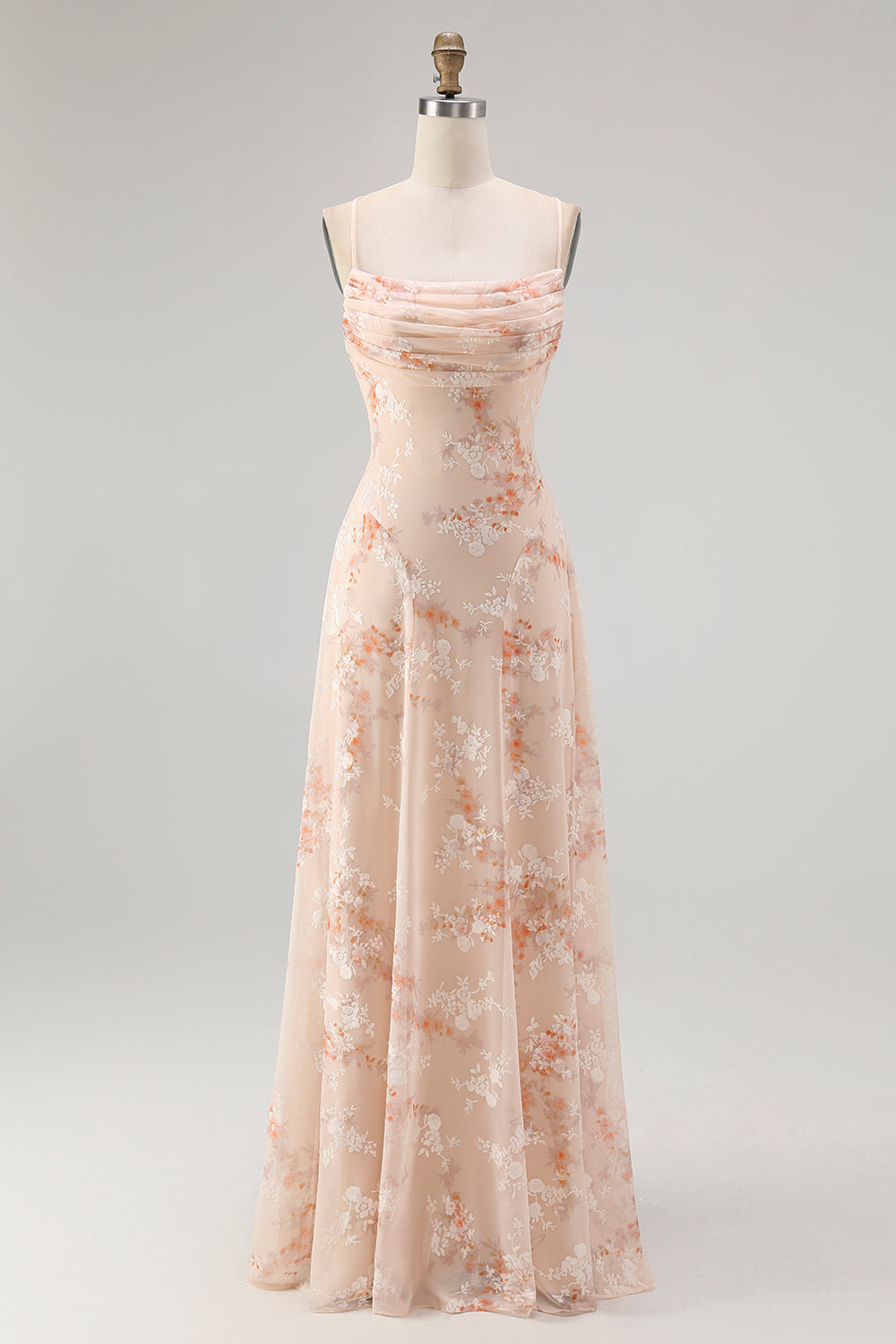 Champagne A Line Cowl Neck Floral Burnout Long Bridesmaid Dress