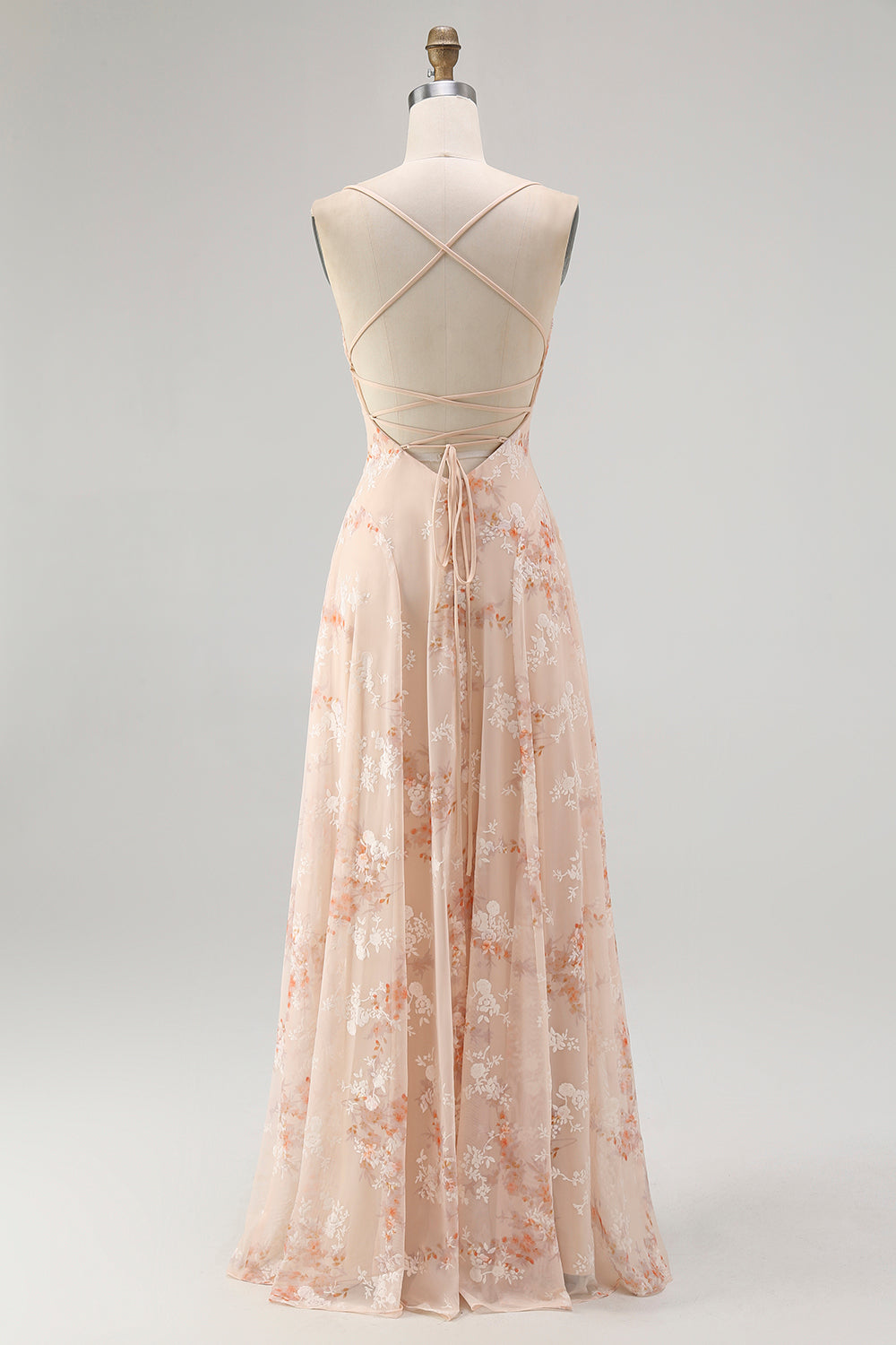 Champagne A Line Cowl Neck Floral Burnout Long Bridesmaid Dress