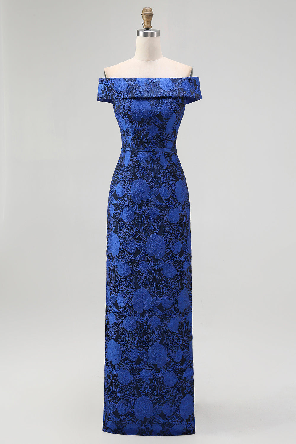 Off the Shoulder Dark Blue Sheath Floral Bridesmaid Dress with Slit