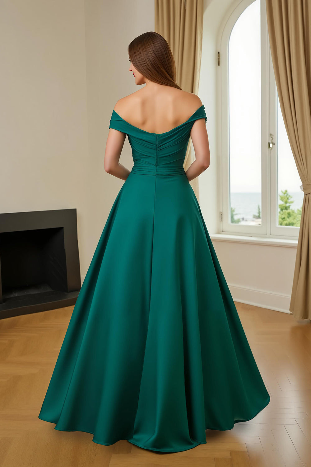 Dark Green A-Line V-Neck Ruched Long Mother of the Bride Dress with Ruffles