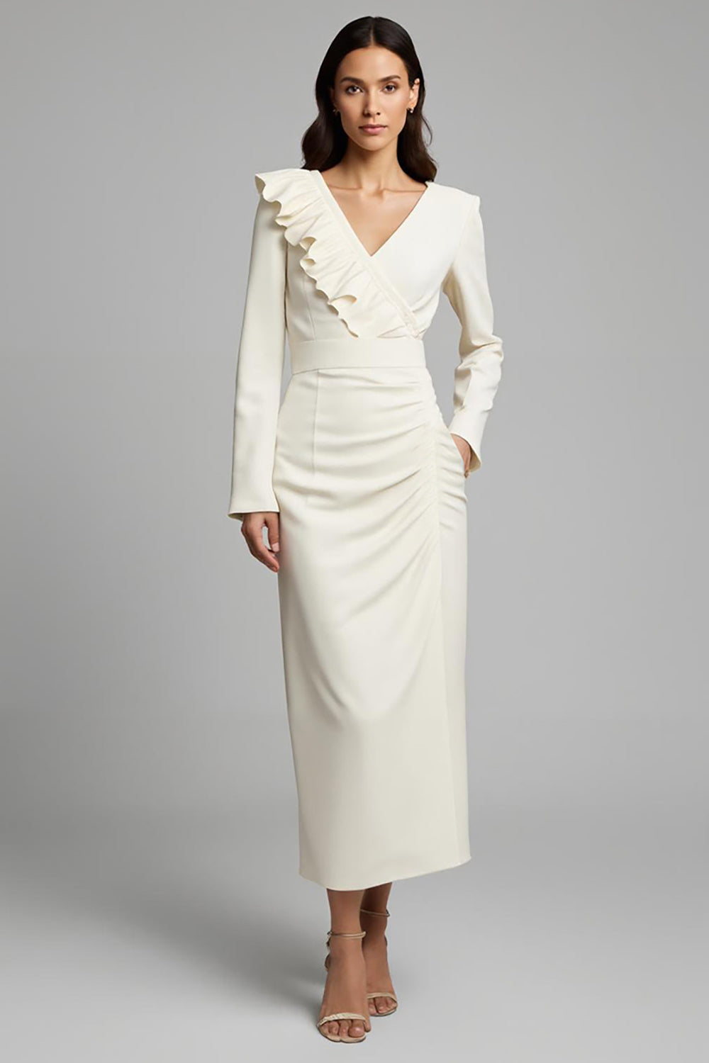 Ivory Sheath V-Neck Maxi Work Dress with Ruffles