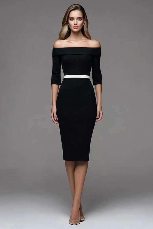 Black Sheath Midi Off The Shoulder Work Dress with Sleeves