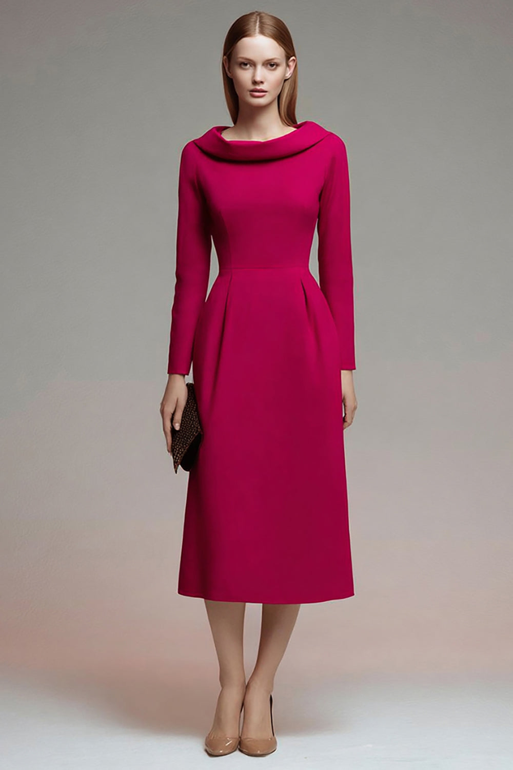Fuchsia Roll Collar Neck Midi Work Dress