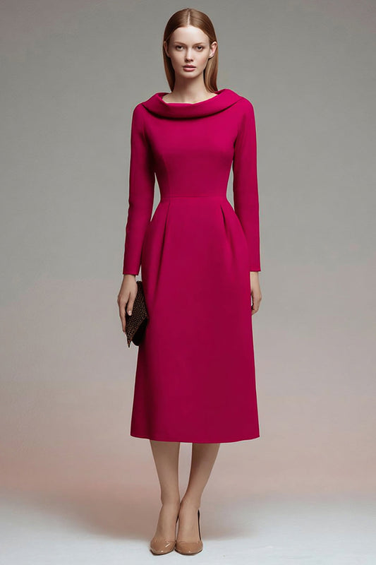 Fuchsia Roll Collar Neck Midi Work Dress