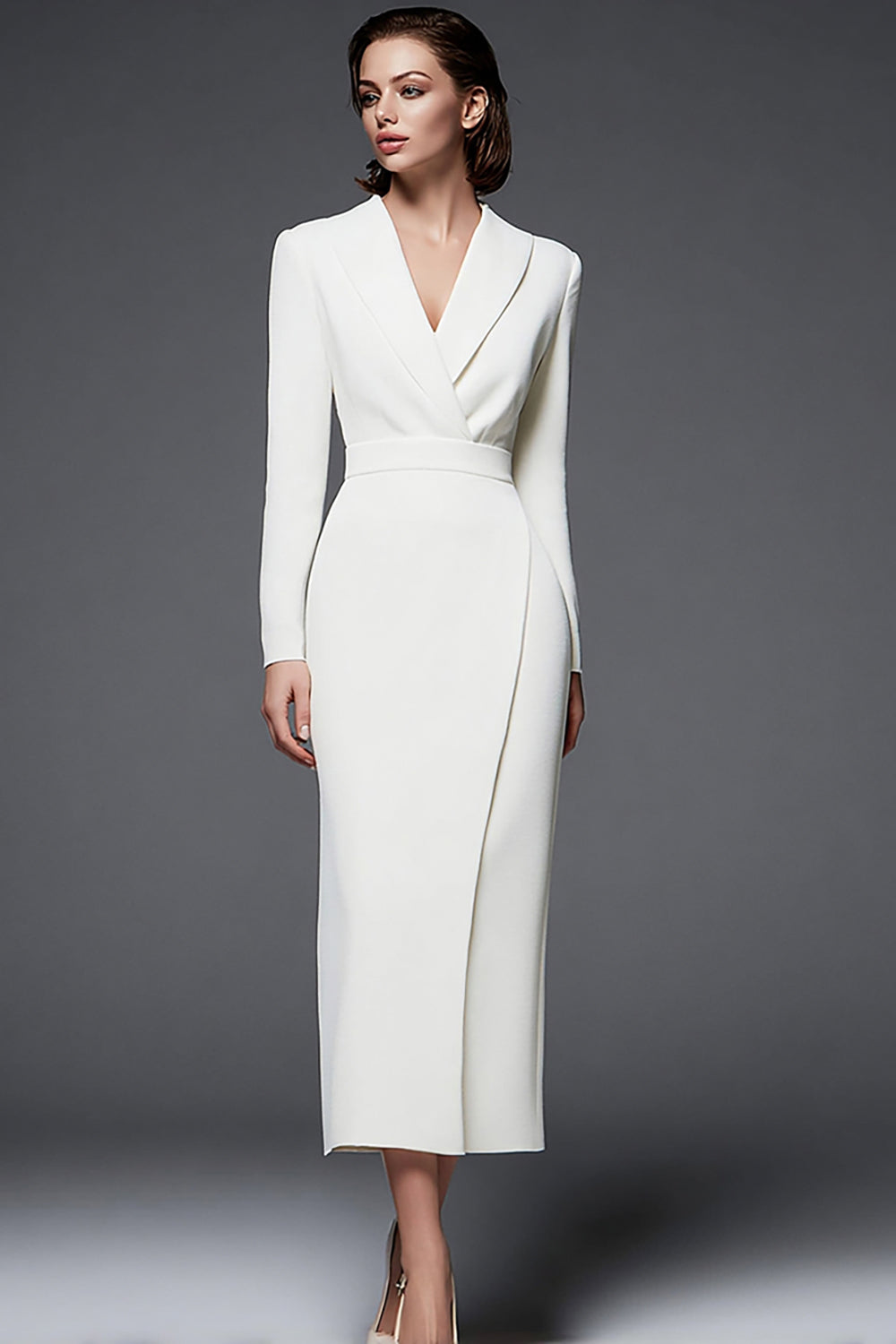 Ivory Sheath Shawl Lapel Maxi Work Dress