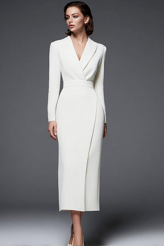 Ivory Sheath Shawl Lapel Maxi Work Dress