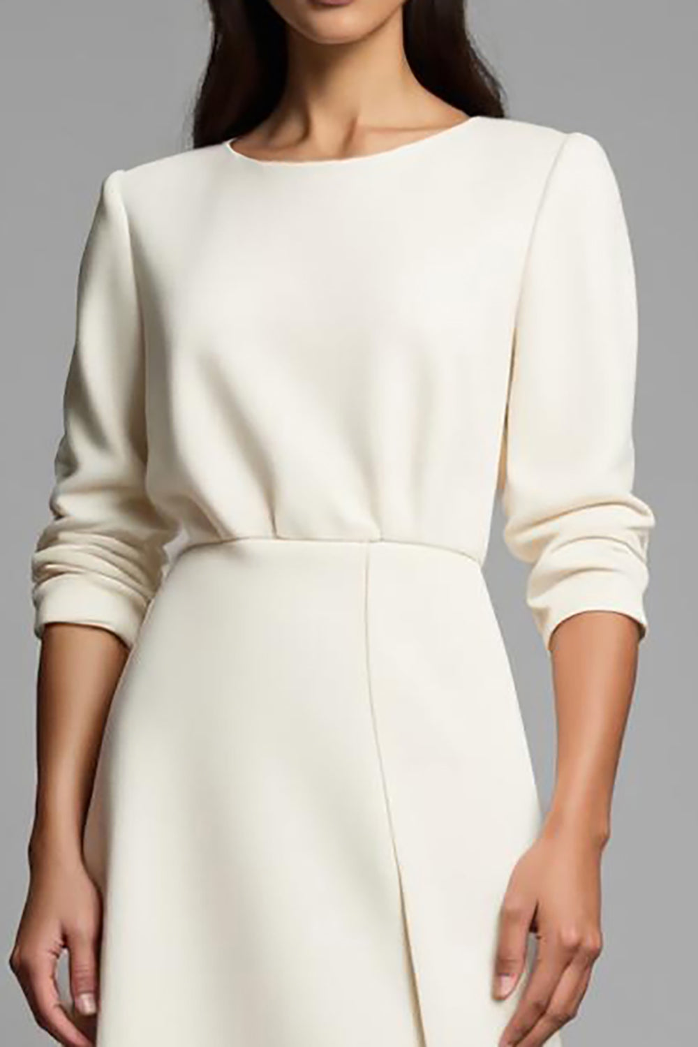 Ivory Round Neck A Line Midi Work Dress with Slit