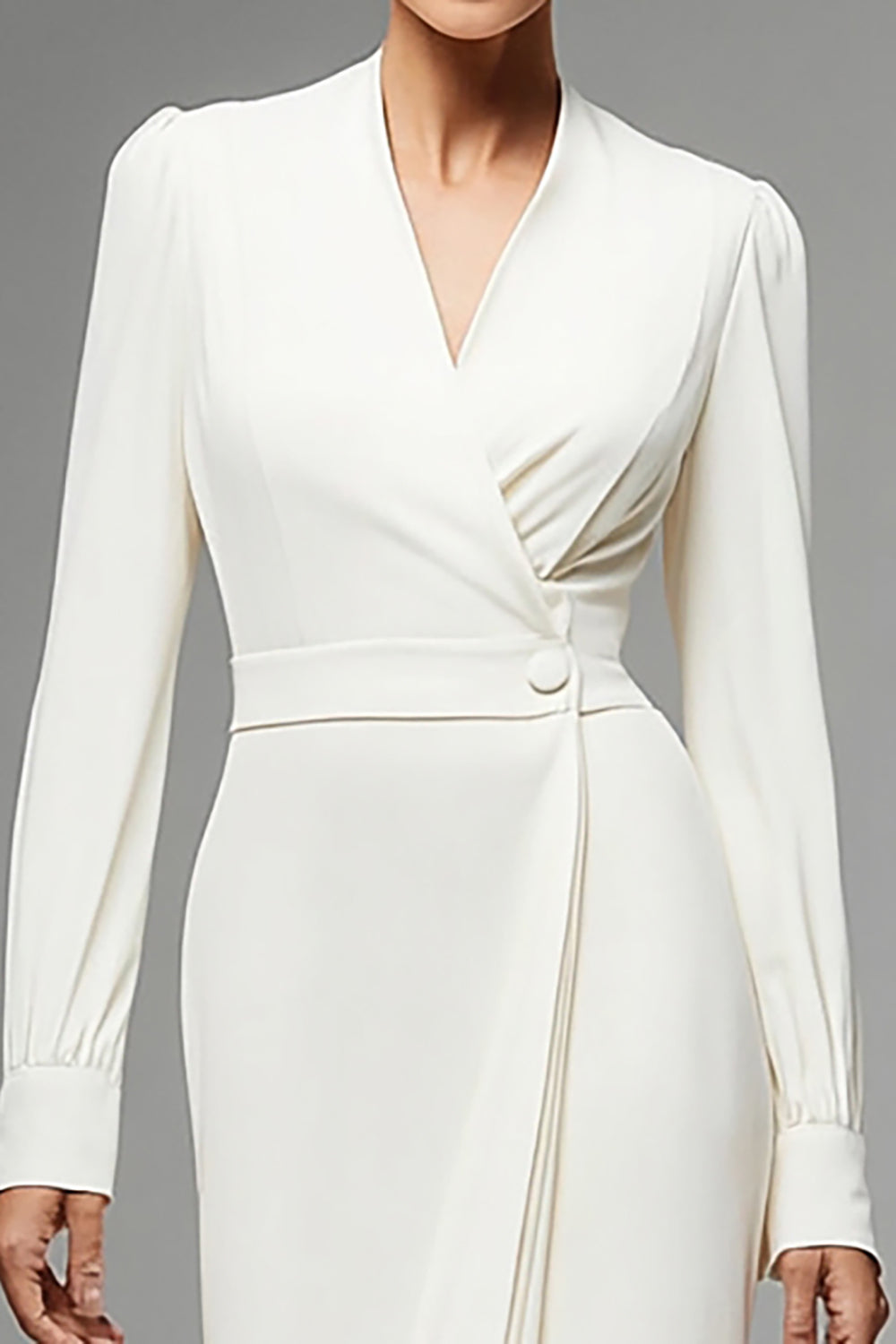 Ivory Sheath V-Neck Long Work Dress with Button