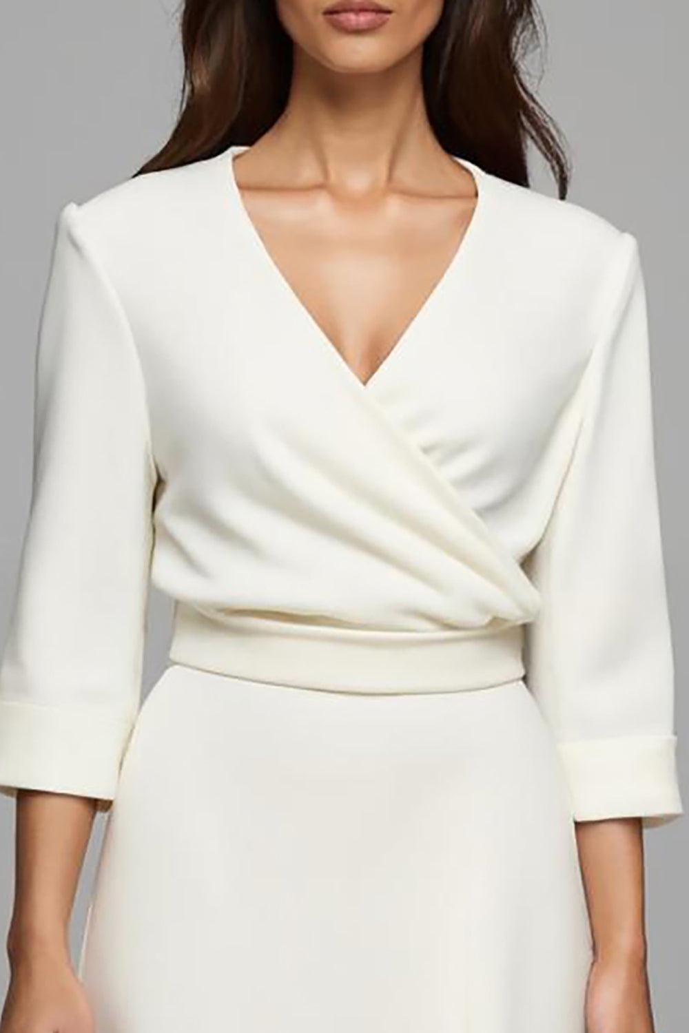 Ivory Satin Ruched V-Neck Pencil Midi Work Dress With Sleeves