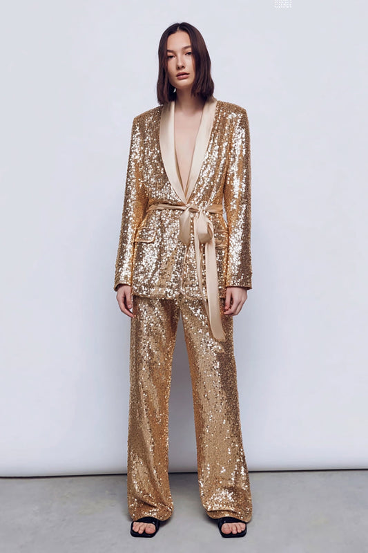 Sparkly Gold 2 Piece Women Prom Suits With Sash