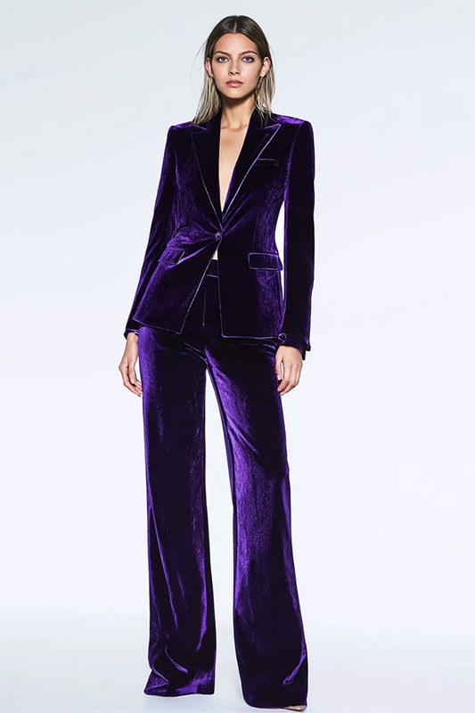 Dark Purple Velvet Peak Lapel 2 Piece Business Suits With Pockets
