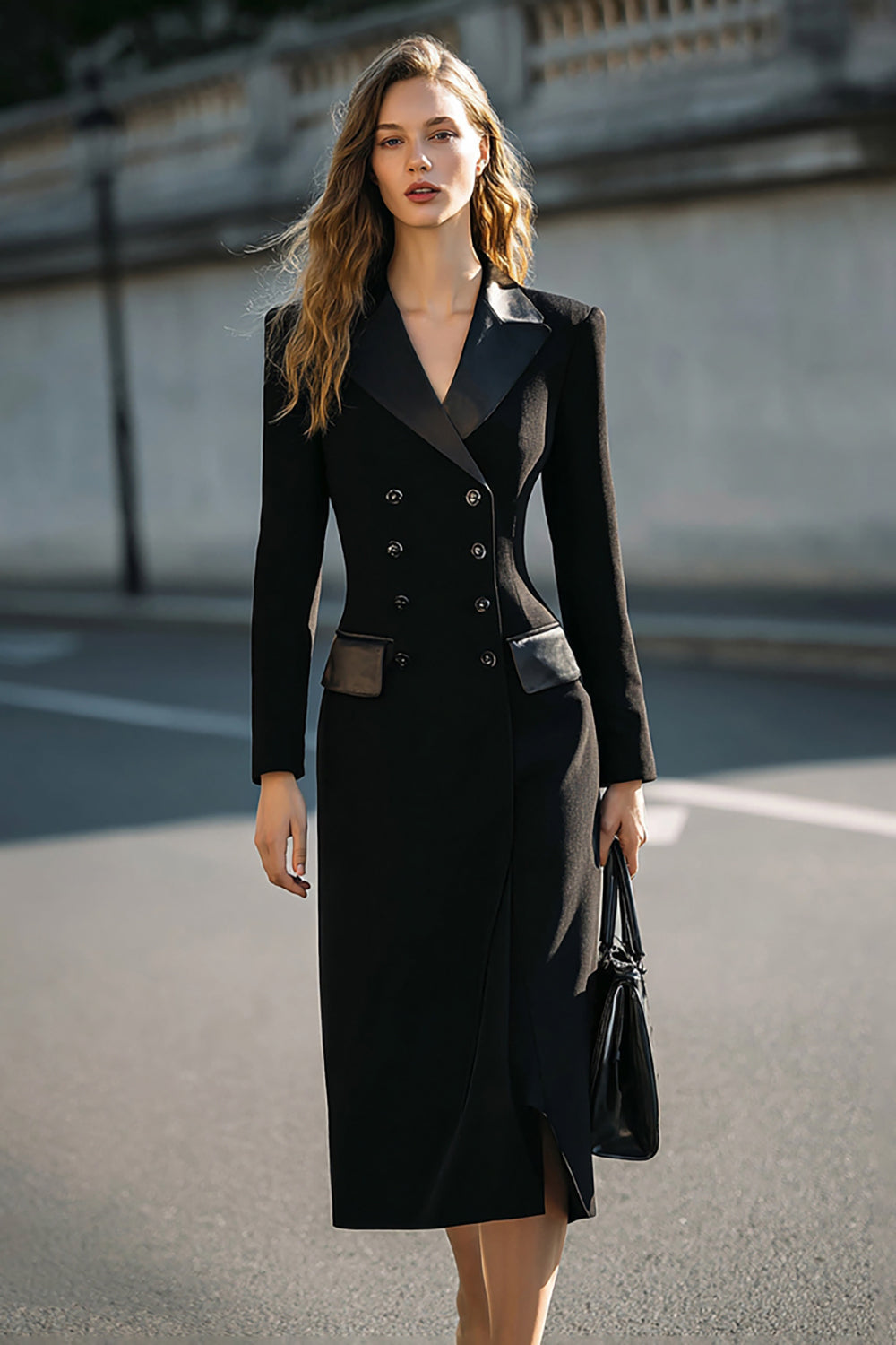 Pencil Black Double Breasted Midi Blazer Dress With Sleeves