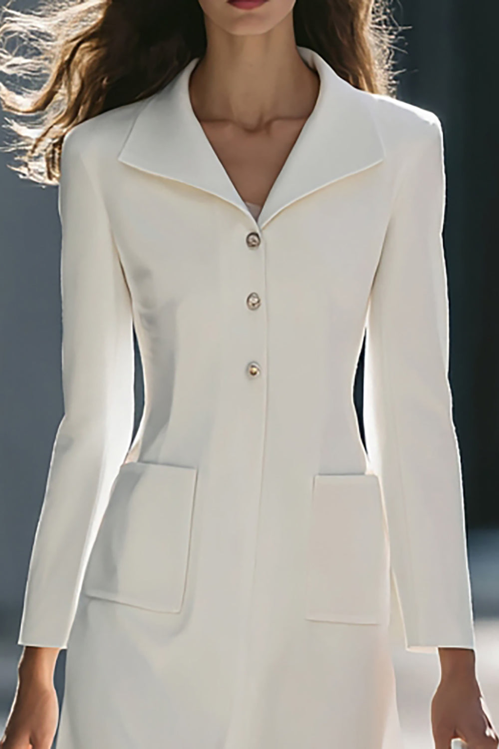 Single Breasted Midi Ivory Work Dress With Pockets