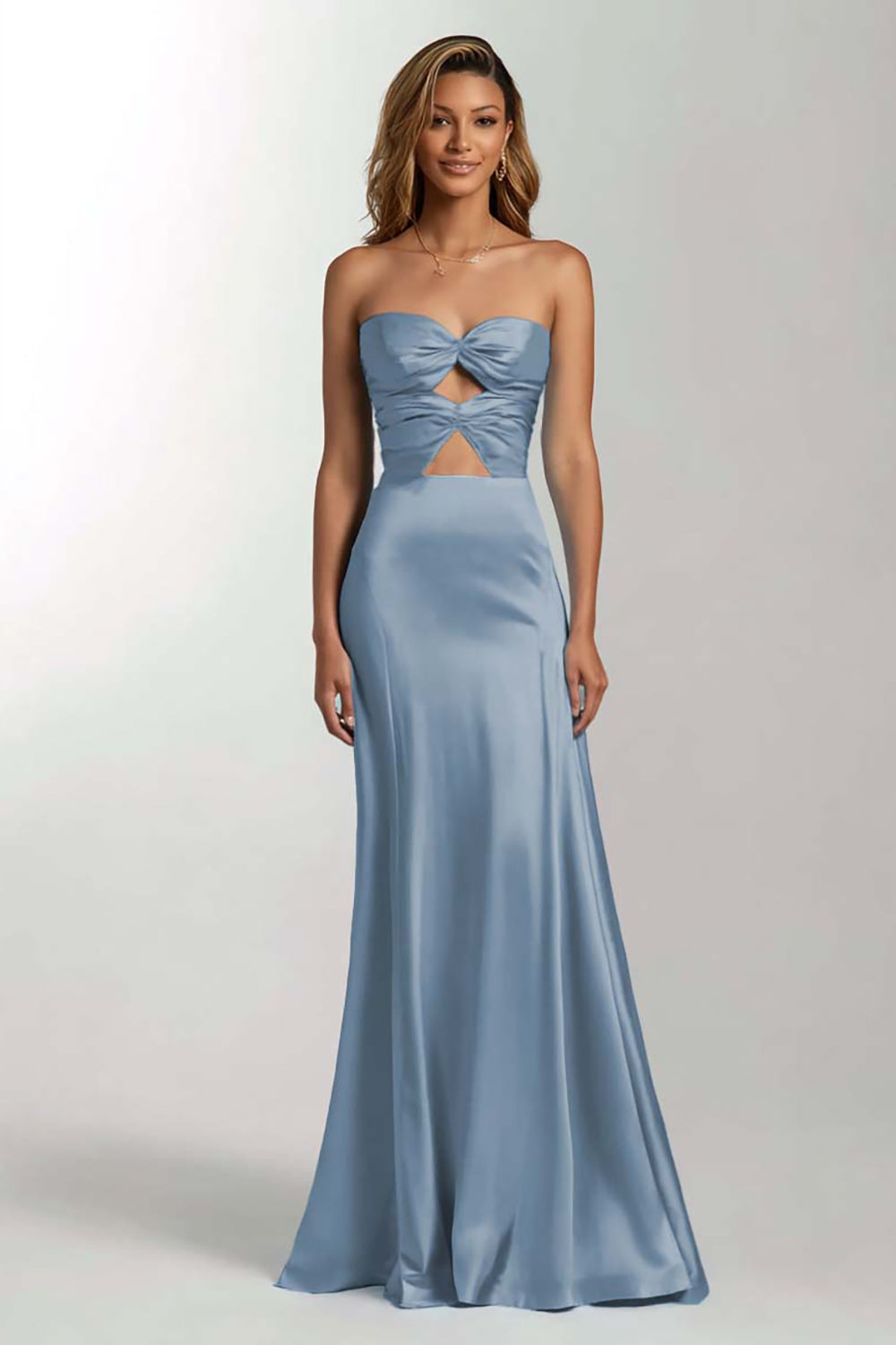 Sky Blue Mermaid Cut Out Satin Strapless Formal Dress
