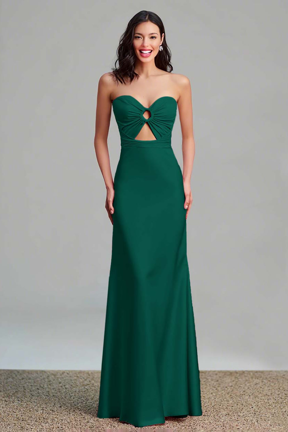 Pink Satin Cut Out Sheath Strapless Long Formal Dress