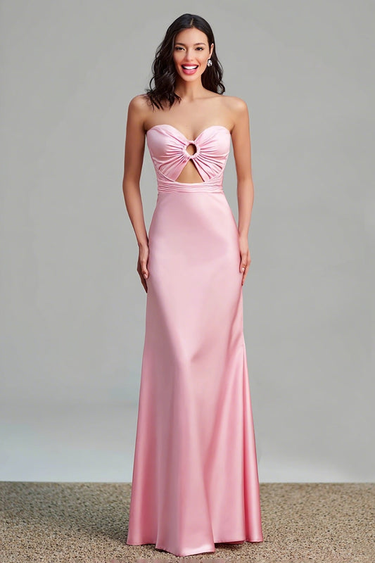 Pink Satin Cut Out Sheath Strapless Long Formal Dress