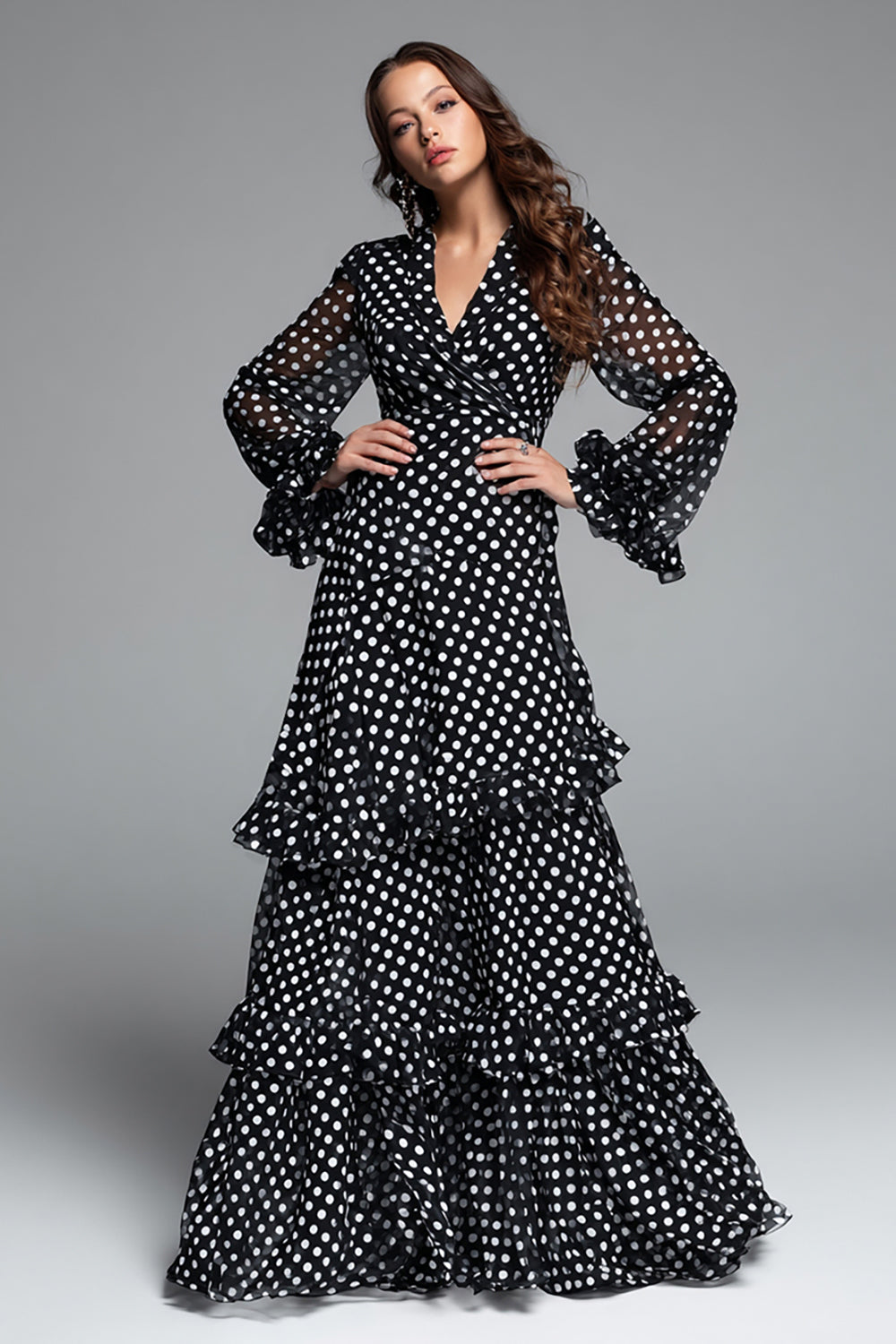 Black White Dot A Line Ruffled Long Formal Dress with Sleeves