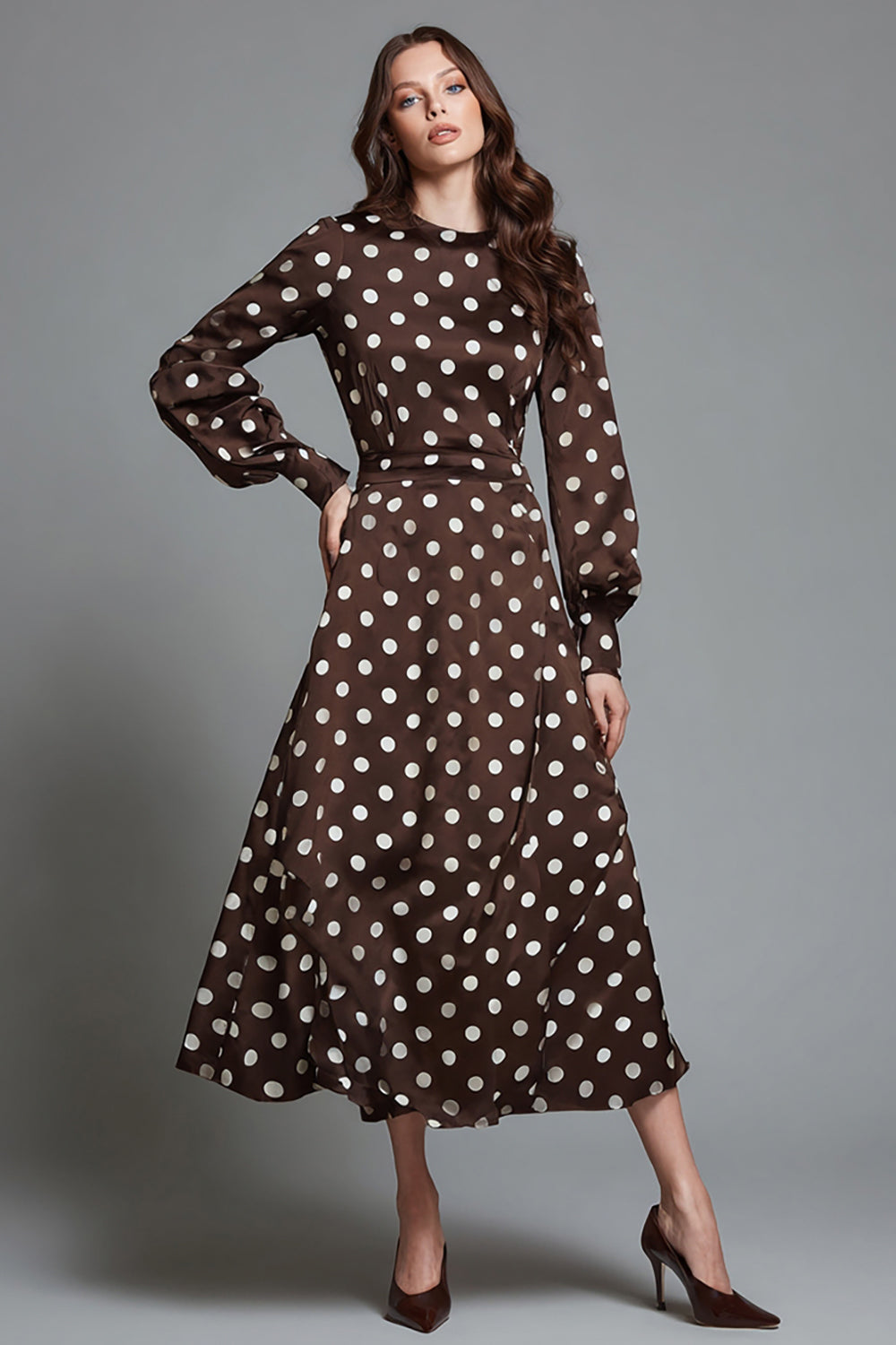 Dark Brown White Dot A Line Round Neck Formal Dress with Sleeves