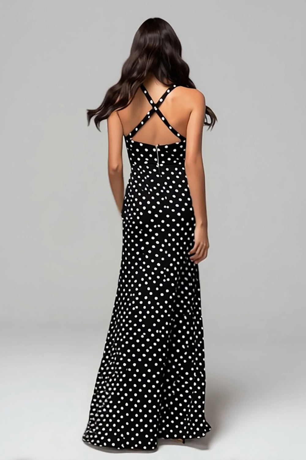 Black Chiffon Sheath Long Polka Dots Formal Dress with Slit
