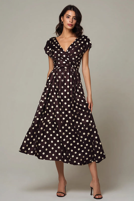 Dark Brown V-Neck Satin A-Line Tea Length Polka Dots Dress