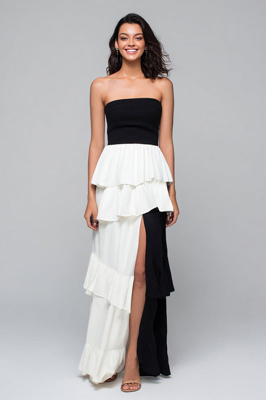 Strapless A Line Tiered Black and White Formal Dress with Slit