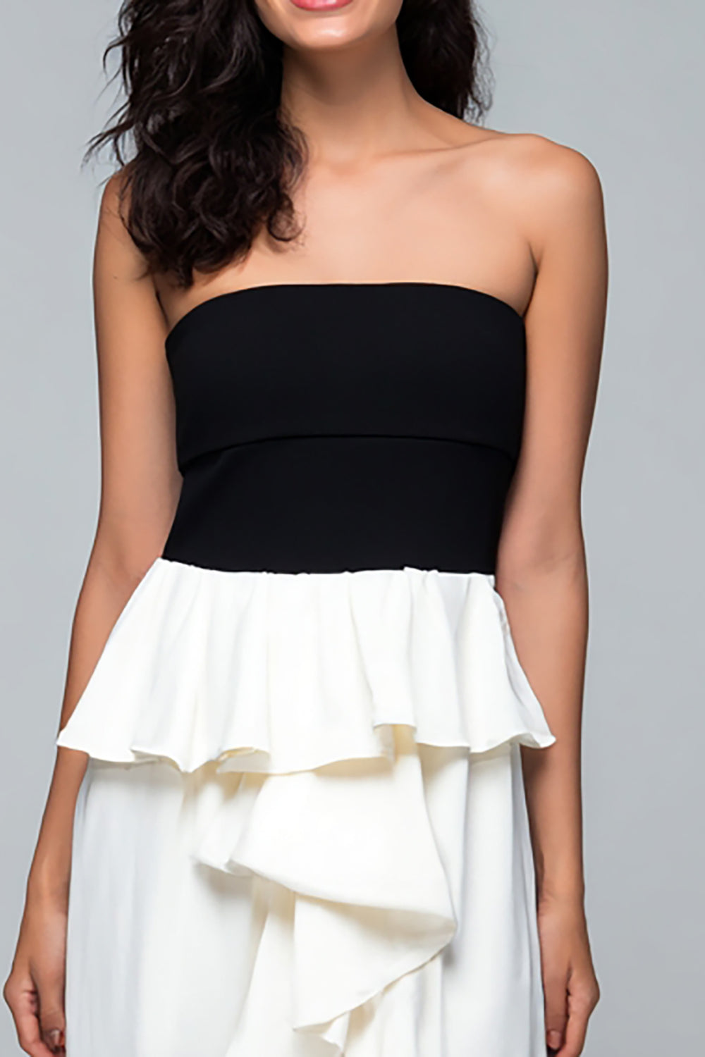 Strapless Black and White Ruffle Long Formal Dress with Slit